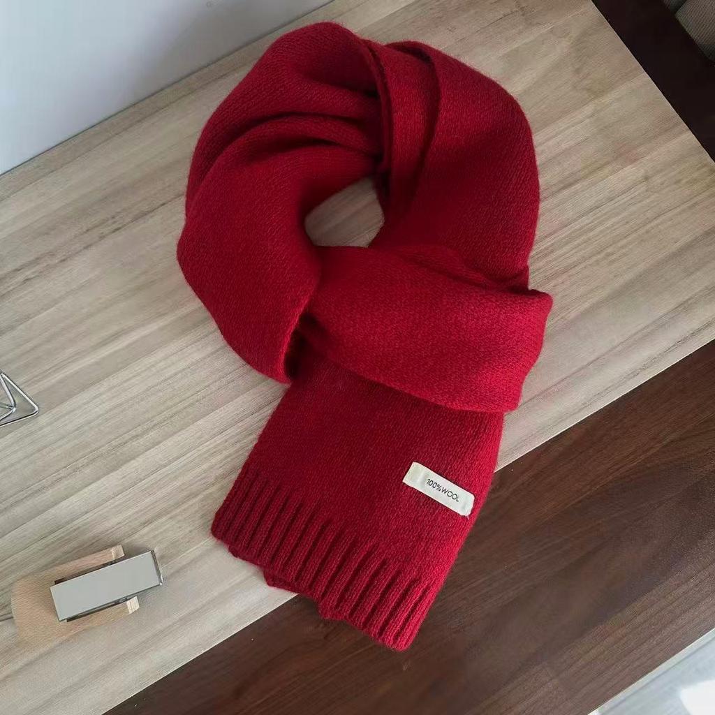 100% Wool Knit Cashmere-Style Scarf: Versatile Solid Color for Men and Women, Korean Winter Fashion
