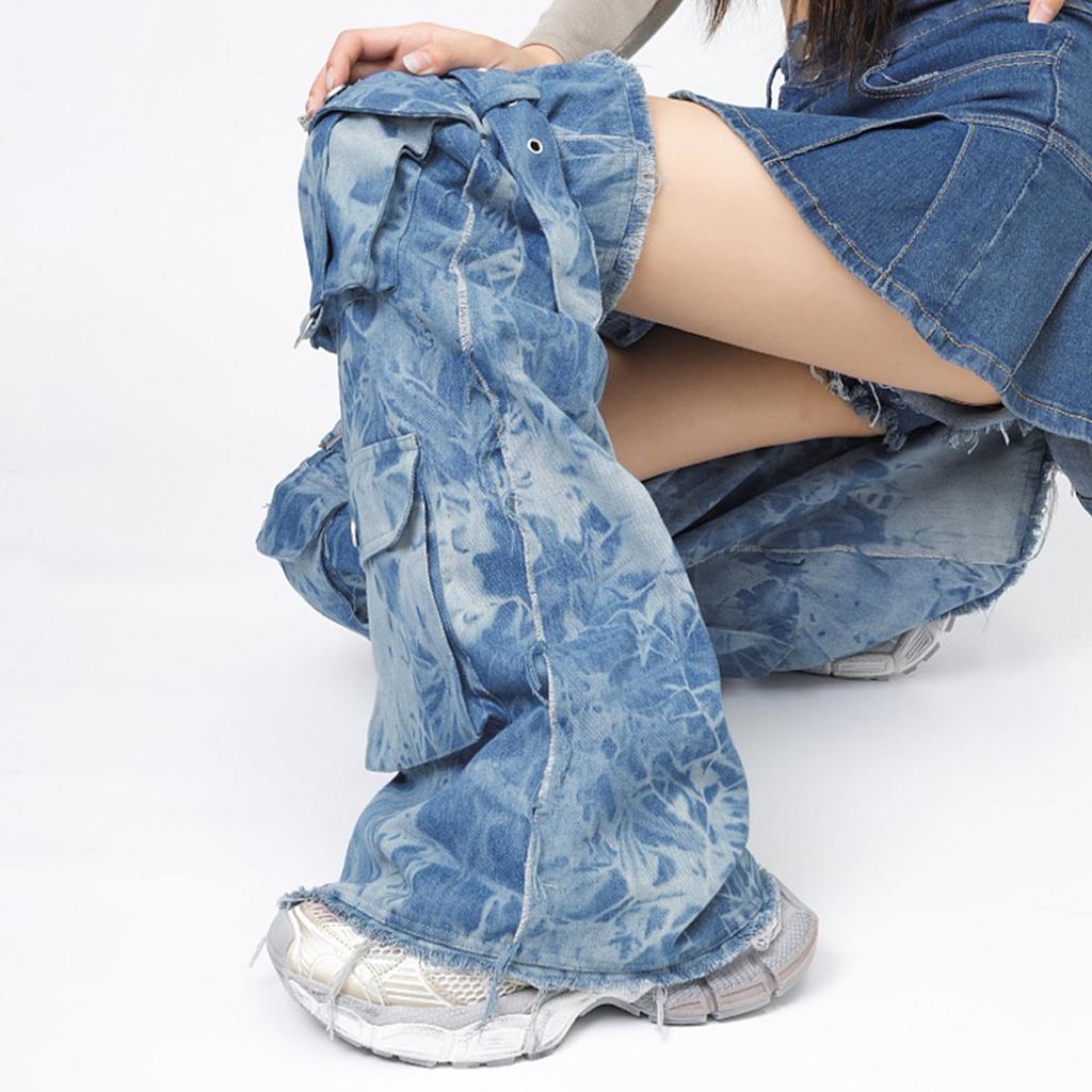 Women Harajuku Over the Knee Denims Tie Dye Leg Warmers Punk Buckled Strap Leg Covers Socks Baggy Leg Sleeves Streetwear