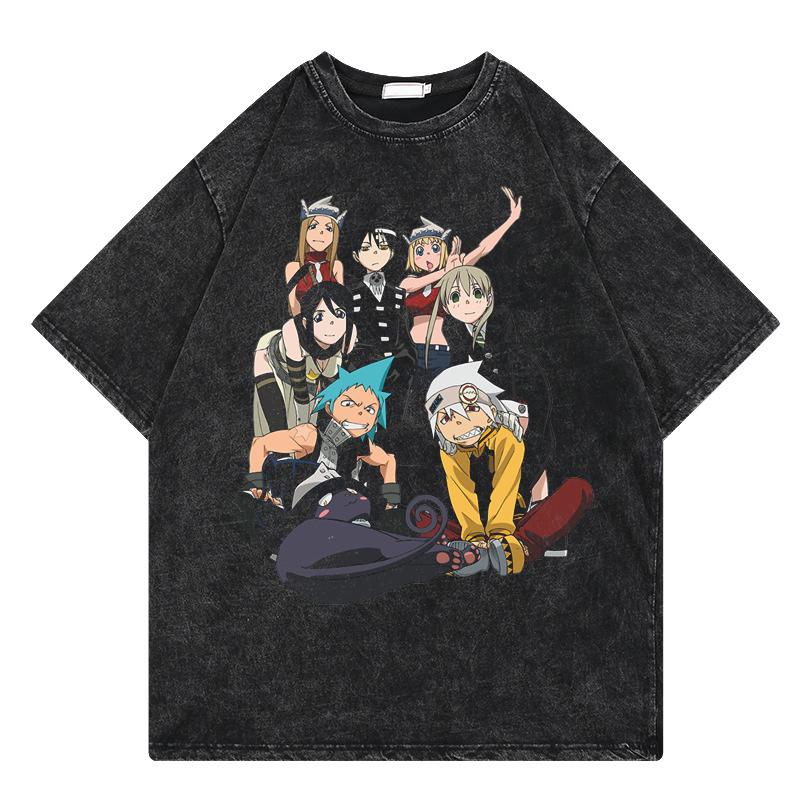 Anime Soul Eater Shirt Herren Atmungsaktiv Druck Polyester Kurzarm Vintage Gewaschenes T-Shirt Mode Harajuku Locker Y2k T-Shirts Oberteile