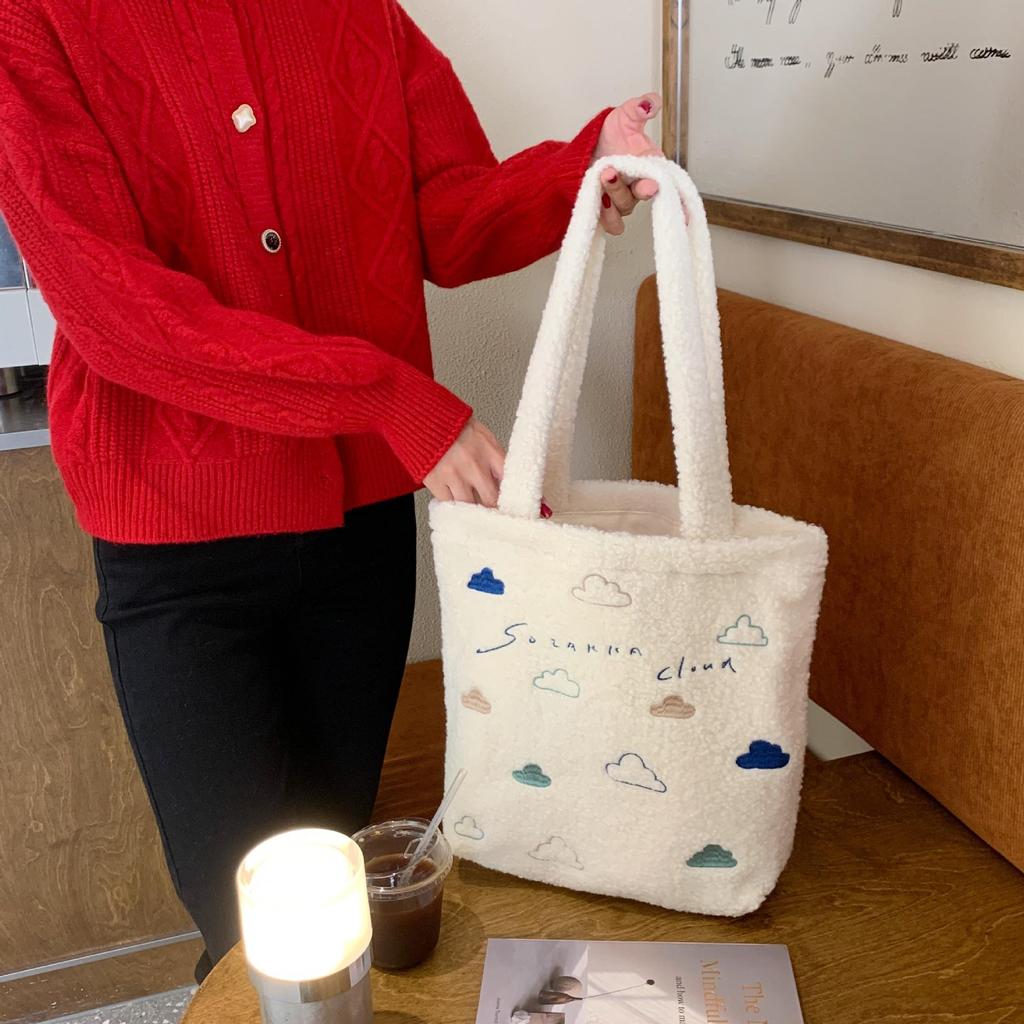 Women Plush Embroidery Small Cloud Cute Large Capacity Shoulder Bag