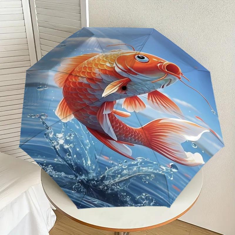 1PC Koi fish Automatic Open/Close Umbrella with Windproof, 8-Rib Sturdy Canopy, Durable Ribs, Fashionable Design, Outdoor Accessory, Fun Prin, Holiday