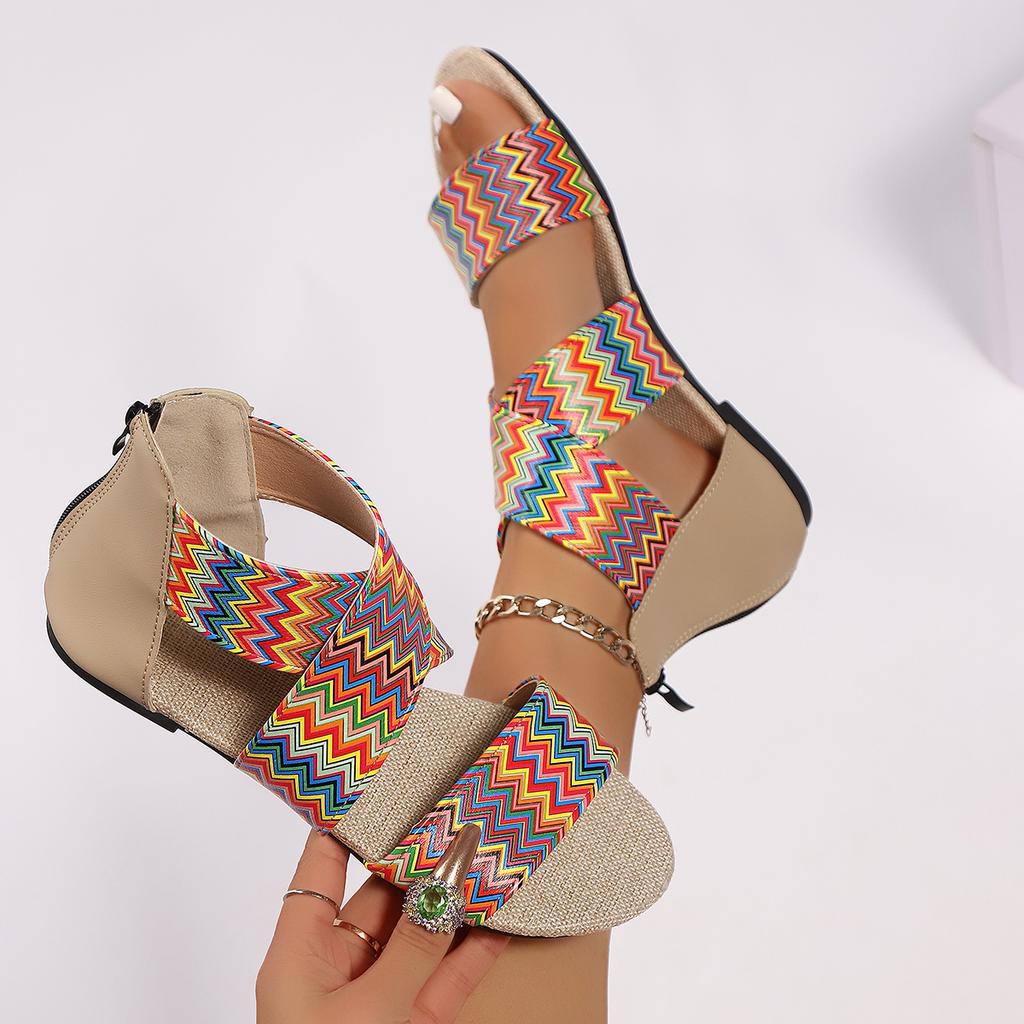 Fashion Summer Women Plus Size Ethnic Style One Word Wide Strip Multicolor Woven Strap Back Zip Anti-Slip Beach Sandals