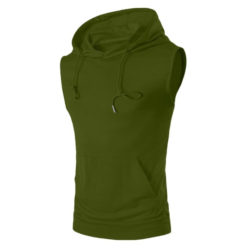 Mens Solid Color Hooded Sleeveless Pocket Tank Top