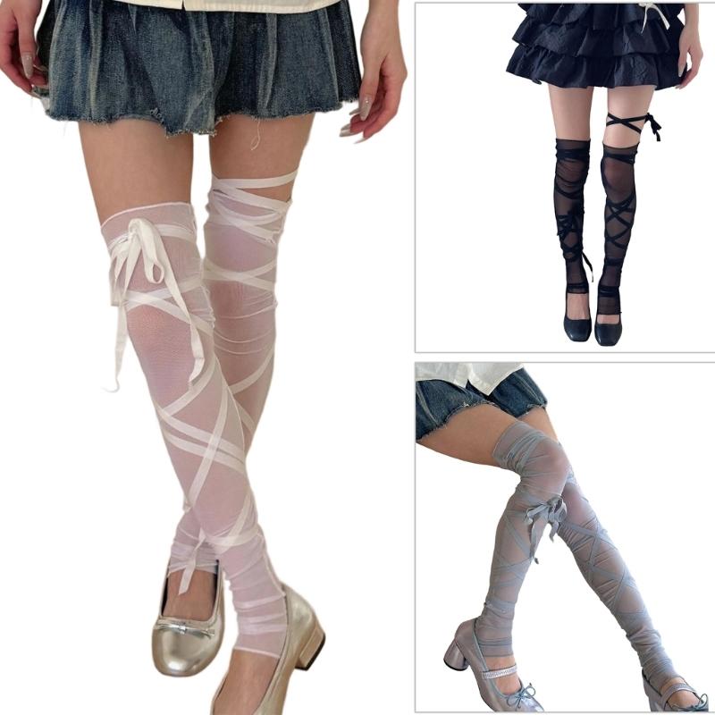 Scaldamuscoli Estetici da Donna a Rete Fino alla Coscia con Laccetto in Raso Stile Balletto Allacciati Calze Lunghe Senza Piedi Coprigambe Maniche