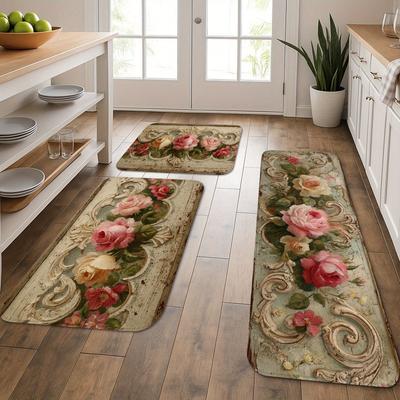 1 stuks anti-vermoeidheidskeukenmatten, vintage bloemenprint, waterdicht, antislip, dikke, gevoerde keukenmat, zware, comfortabele staande mat voor de keuken