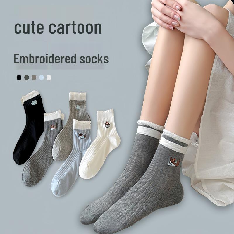Women's Mid-Calf Japanese Cartoon Embroidery Socks, Spring/Autumn Style, Perfect Pair with Birkenstocks