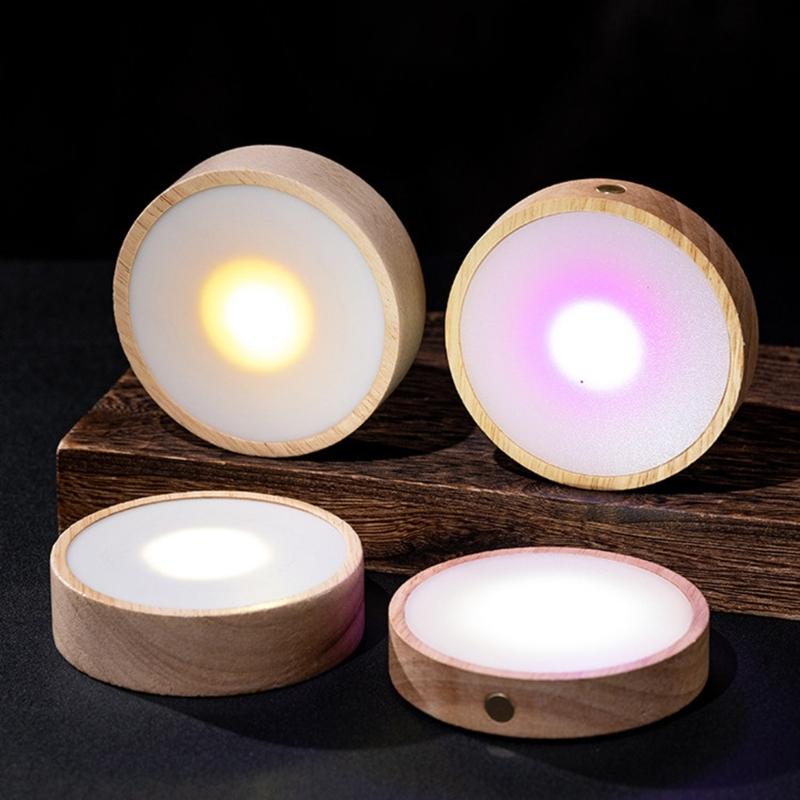 USB Rechargeable LED Coaster for Cups and Glasses, Round Wood Look Light Up Coaster for Party Table Decors