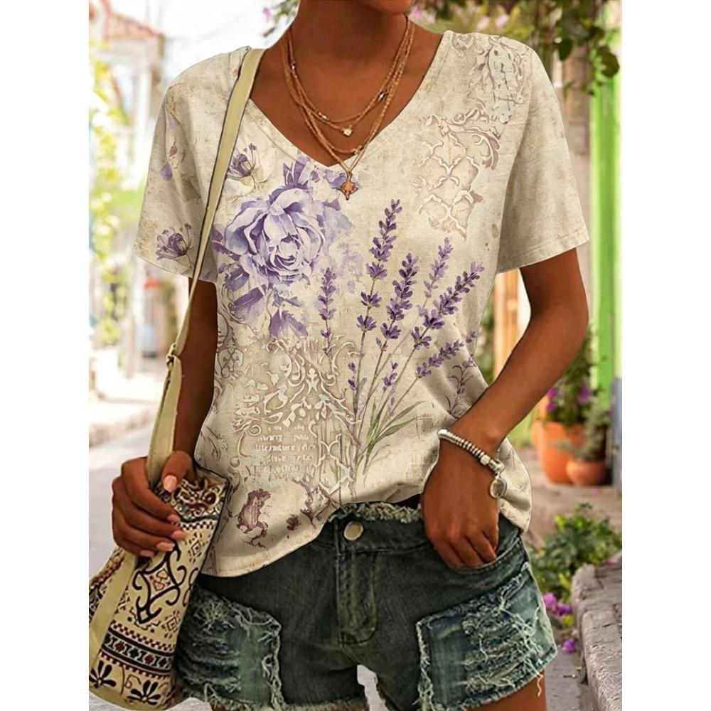 

Women s Vintage Lavender & Rose Print V-Neck T-Shirt, Casual Short Sleeve Tops, Retro Floral Daily Wear for Spring & Summer S