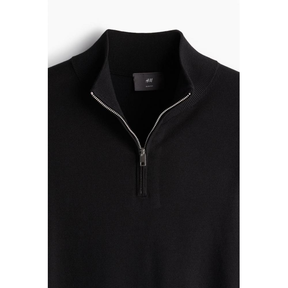 H M sliM Fit Zip Top Fine Knit Sweater Black