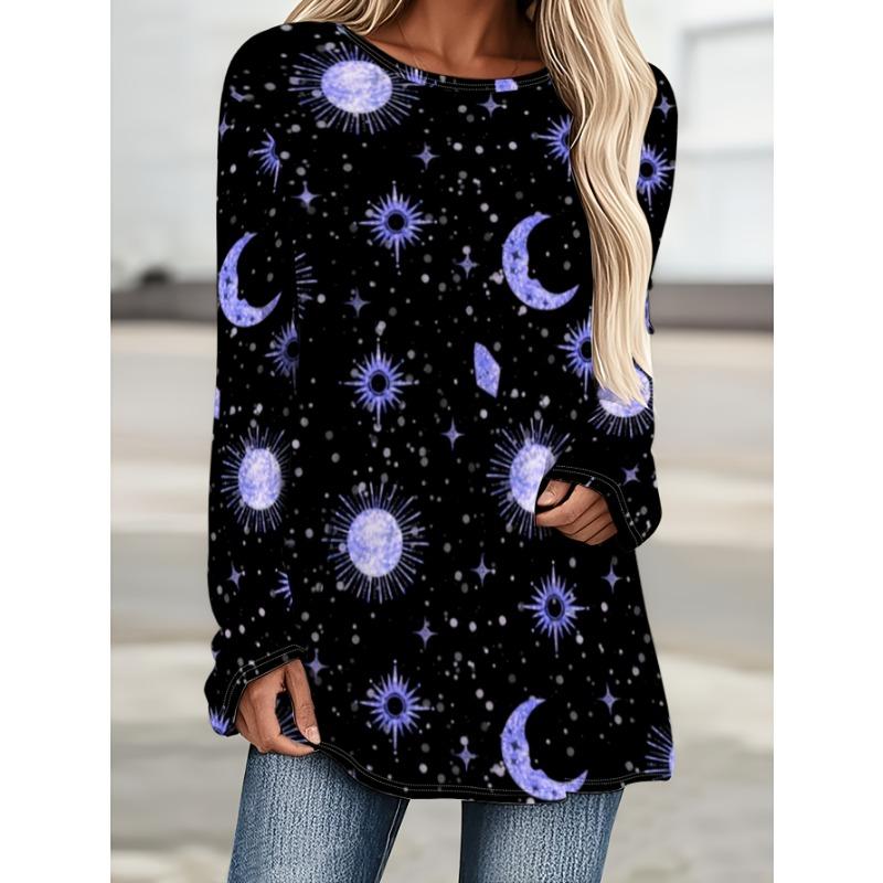 Fashionable Starry Tie Dye Gradient Print Casual Round Neck Long Sleeved T-shirt Casual Long T-shirt Top