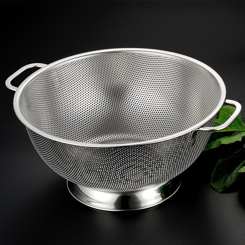 Stainless Steel Colander With Double Handle Food Pasta Strainer Basket With Self-Draining Solid Ring Base Fine Mesh Filter