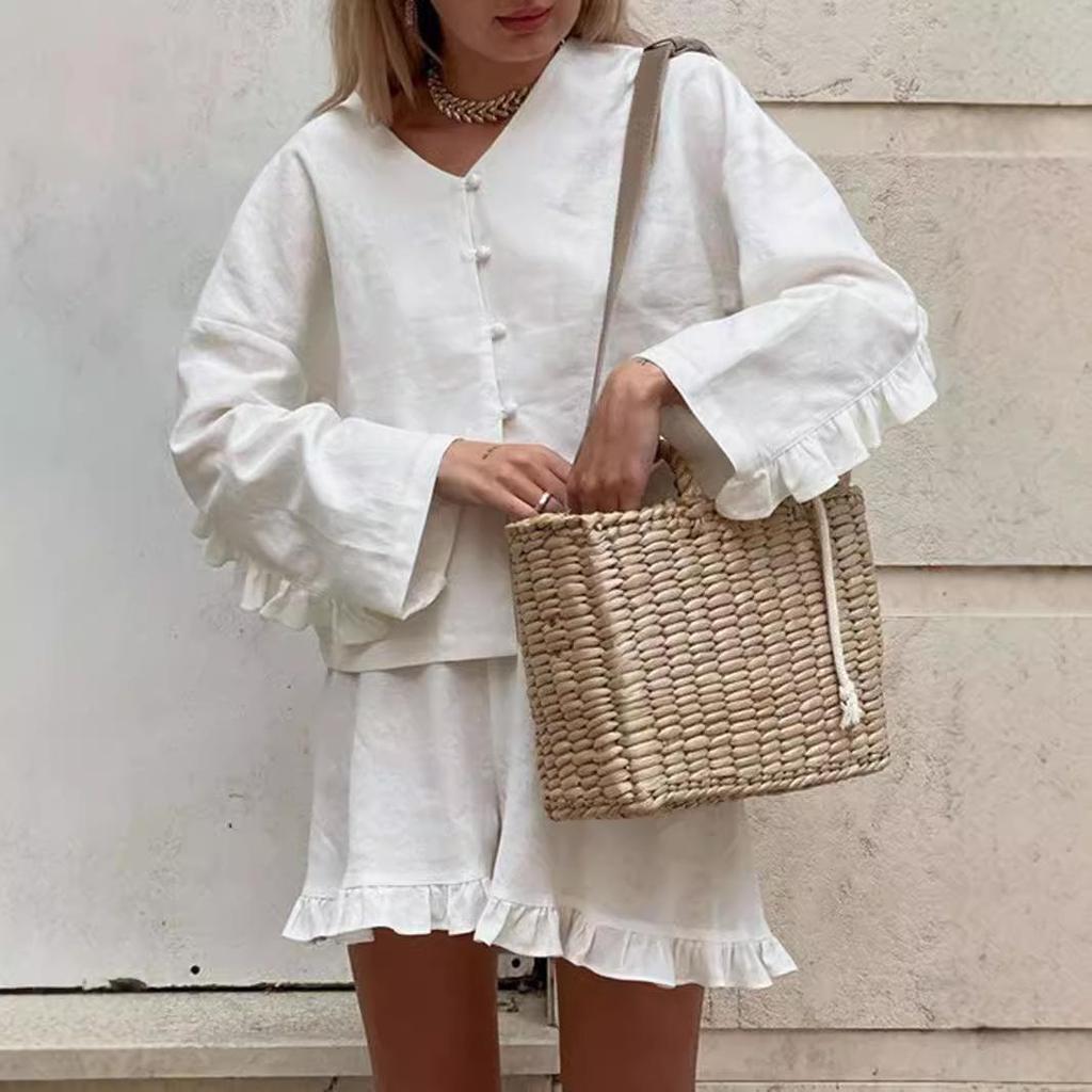 Costum de vară 2024 cu pantaloni scurți din bumbac și in cu volane - Set casual din două piese