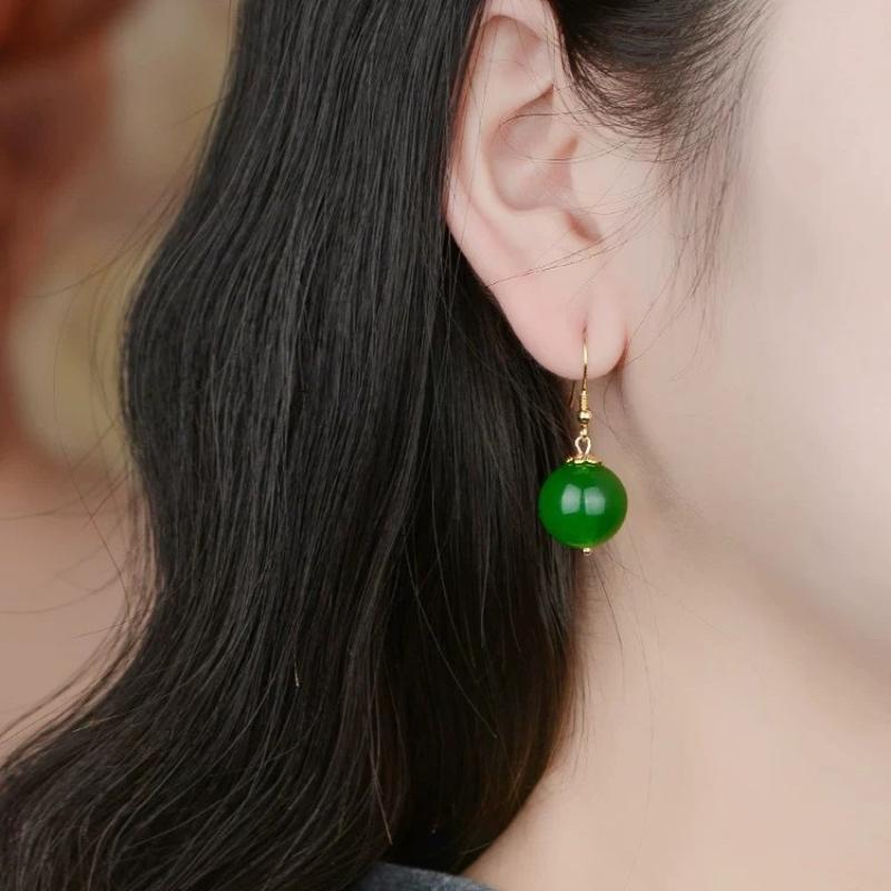Trendy Green Chalcedony Dangle Earrings Gold Plated Hooks Glossy Natural Round Beads for Date Night Outfit