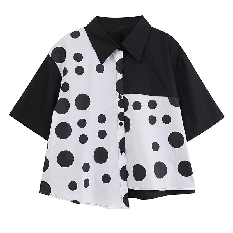 DIMANAF 2025 Plus Size New Summer Blouse Short Sleeve Vintage Polka Dot Printing Casual Women Loose Tops Shirts
