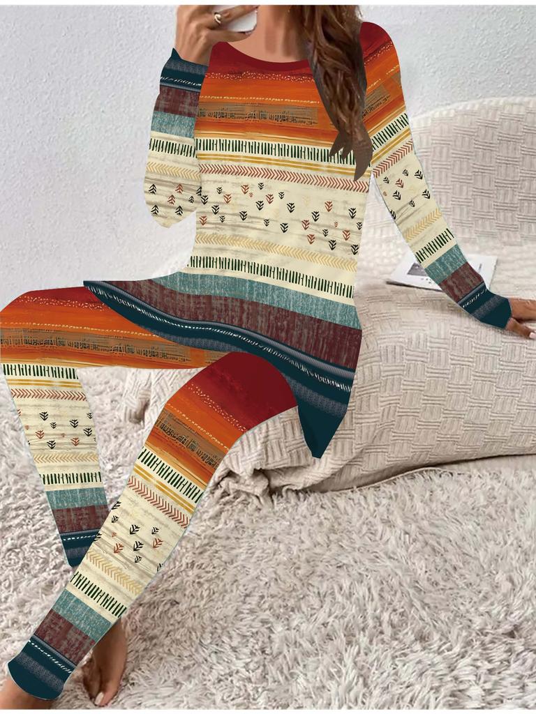 Euroamerikanische Mode 3D Retro bedrucktes Damen Vier-Jahreszeiten Langarm-T-Shirt + Lange Hose Zweiteiler. Perfektes Geschenk für Neujahr & Weihnachten