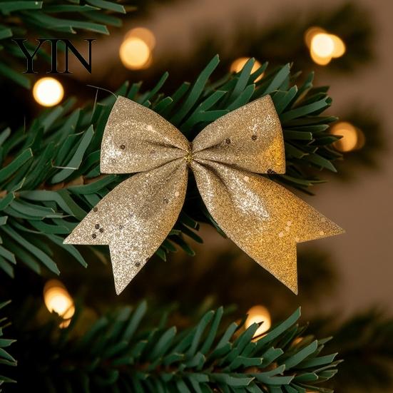 Champagne Party Supplies 4Pcs Glitter Christmas Bow, Sparkling Ribbon Hanging Ornament for Floral Arrangement Bows Tree Front Door Wreath, Festive
