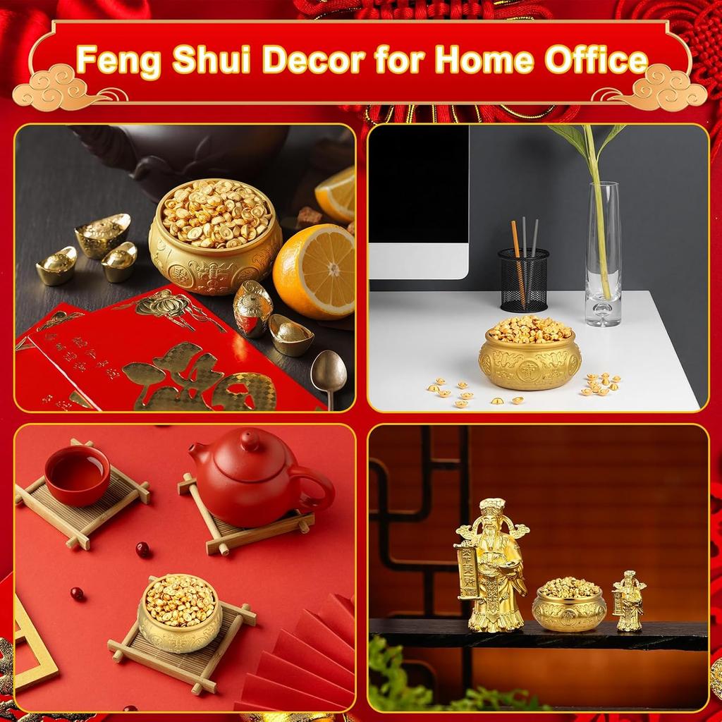Golden Treasure Basin with 400pcs Ingot Yuan Bao Good Luck Wealth Prosperity Figurine for Home Office Decor Housewarming Gift