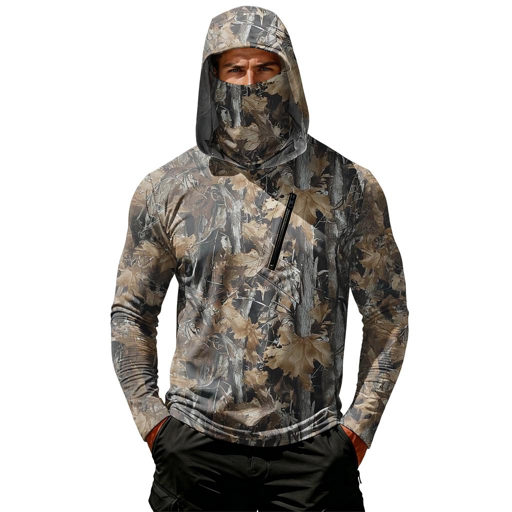 Men's Casual Hoodie Long Sleeve Lightweight Breathable Sun Protection Leaf Camouflage Printed Pullover Shirt with Hood and Chest Pocket