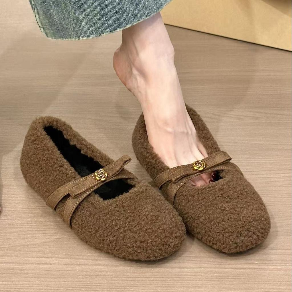 2025 lamb wool solid color single shoes French casual style autumn and winter Korean version Doudou cotton shoes cotton shoes Mao Mao shoes