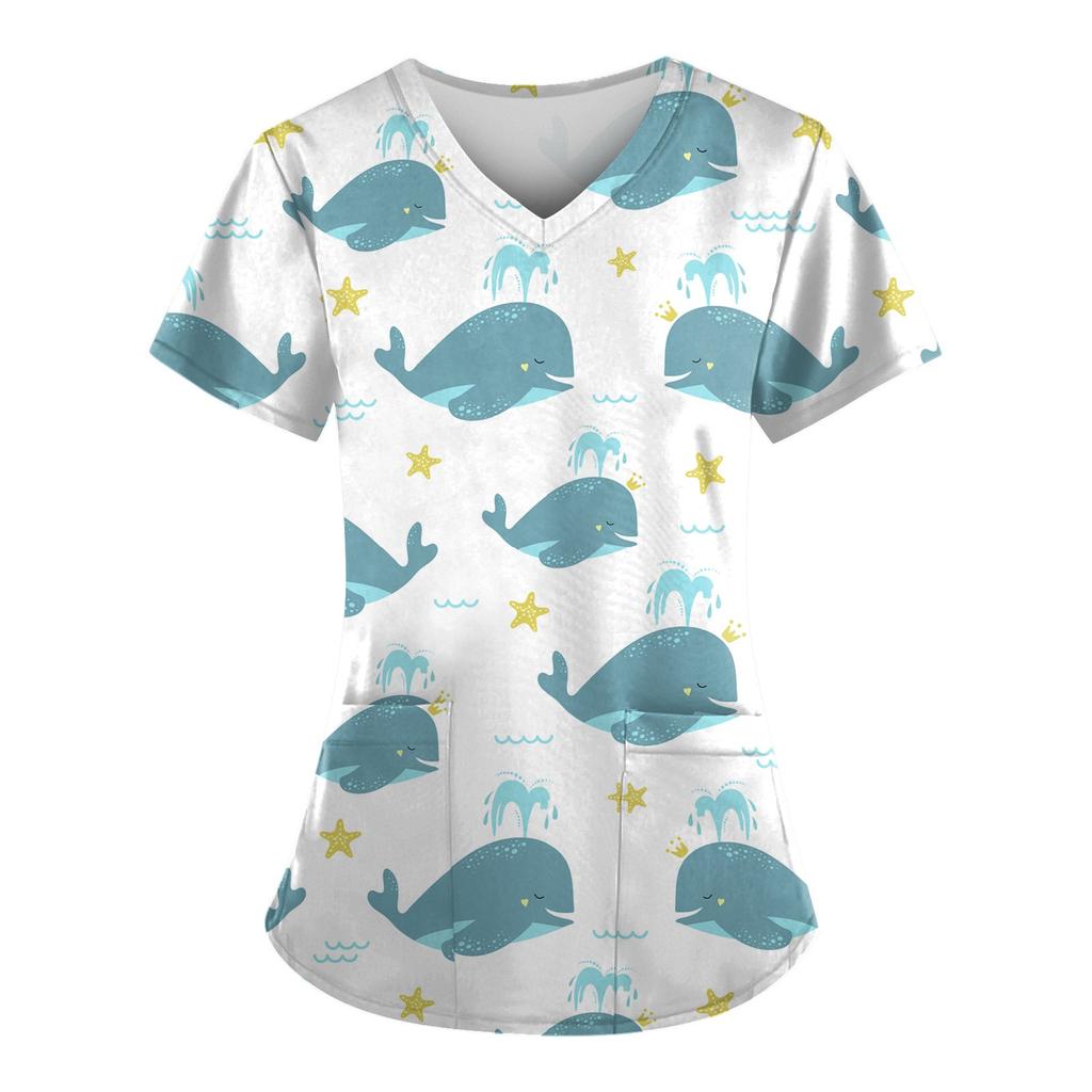 Women's T-shirts Personalized Cute Print Short Sleeve V-neck Top Work Uniform Pocket Tops