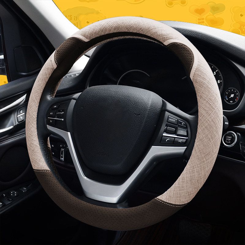 

Car Steering Wheel Cover D-Type Linen Female Korean Cute Fabric Cartoon Summer Anti-Slip Sweat-Absorbent Four-Season Handle Cover Gray Brown Round Linen