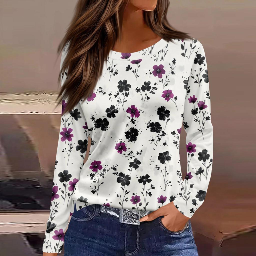 Women's Fashion Casual Slit Hem Round Neck Long Sleeve Loose Printed T-Shirt Ladies Top
