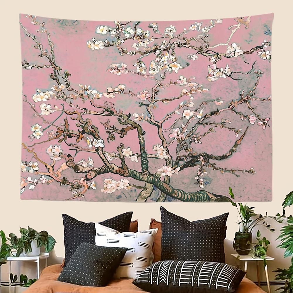 Van Gogh Style Pink Floral Tapestry, Almond Blossom Inspired Polyester Wall Art For Living Room Bedroom, Ideal Holiday Gift