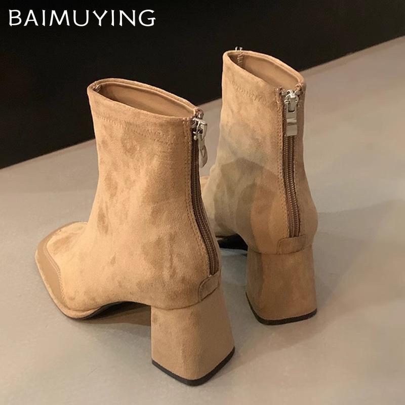 Square Toe Women Ankle Boots Suede Elegant High Heels Shoes 2025 Trend Winter Fashion Chunky Pumps Classic Goth Chelsea Botas