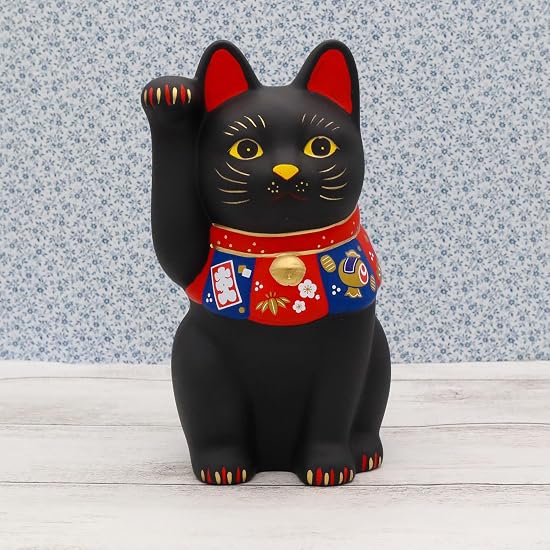 Yakushigama Maneki-neko (Lucky Cat) (Black, Large) Fukuzukushi (Includes Good Luck Sticker)