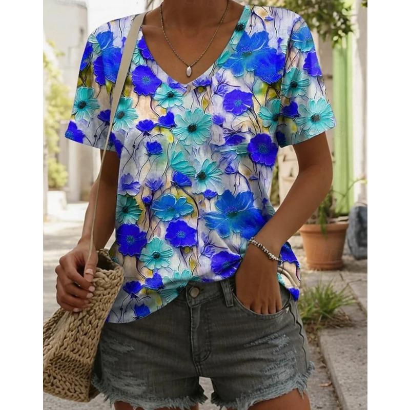 Summer V-neck 3D Printed Colorful Flower Pattern Top Fashionable Casual Short Sleeved Women's T-shirts