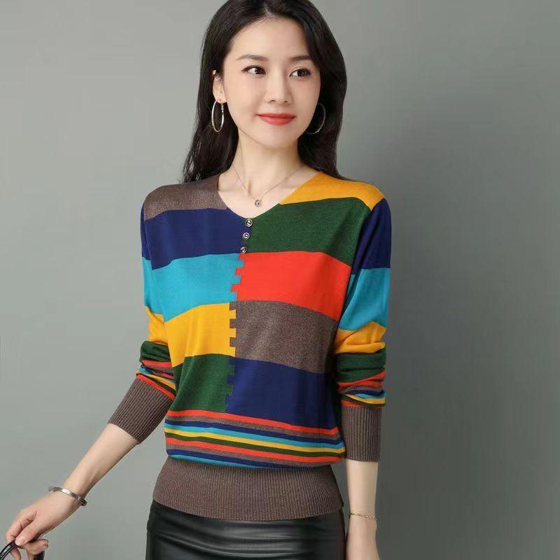 Women's Thin Knitted Sweater Long Sleeve Colorblock Thin Pullover V-neck Knit Loose Top