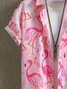 Men'S Plus Size Short-Sleeve Flamingo Print Casual Shirt - Pink Tropical Design, Non-Stretch Fabric, Summer Vacation Outfit with Waist Pocket, Large