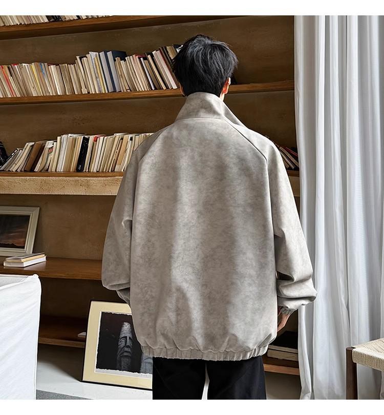 Men's Retro Tie-Dye PU Leather Jacket with Metal Airplane Buckle and Stand Collar - Autumn/Winter Outerwear