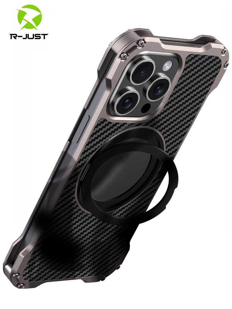 Iphone 15 16 14 13 Pro Max Cover Lightweight Aluminum Alloy Funda Coque Built-in Holder Ring Metal Carbon Fiber Case