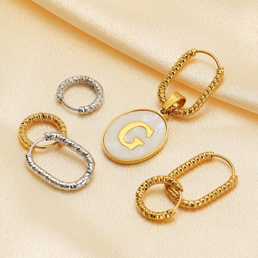 1 Pair Stainless Steel Round Oval Embossing Ear Rings Korean Earrings Hoops Earring for Women Female Girls Metal Luxury Jewelry