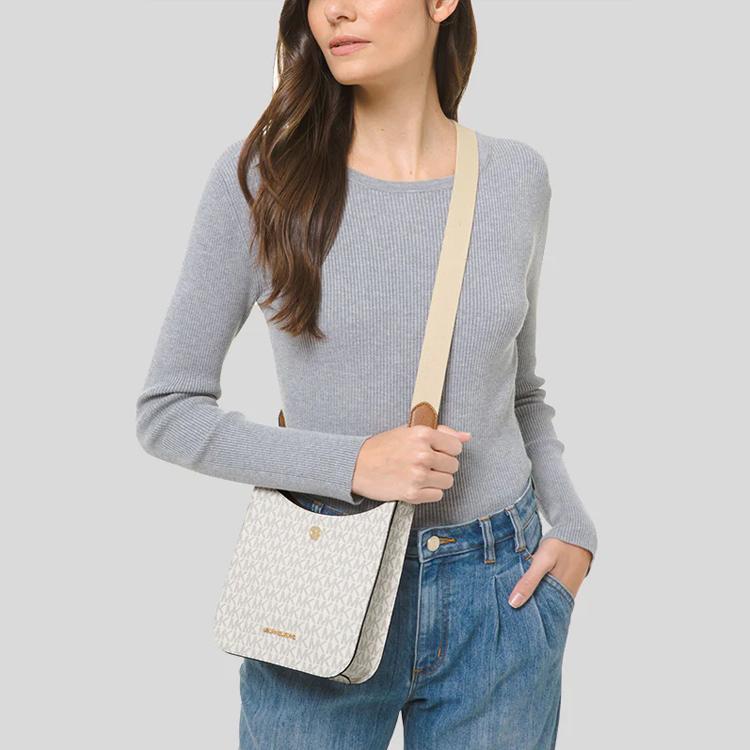 Michael Kors MK Briley Monogram Zip Pocket Leather Messenger Bag Women bags Vanilla-White 35S1G7BM1B-VANILLA