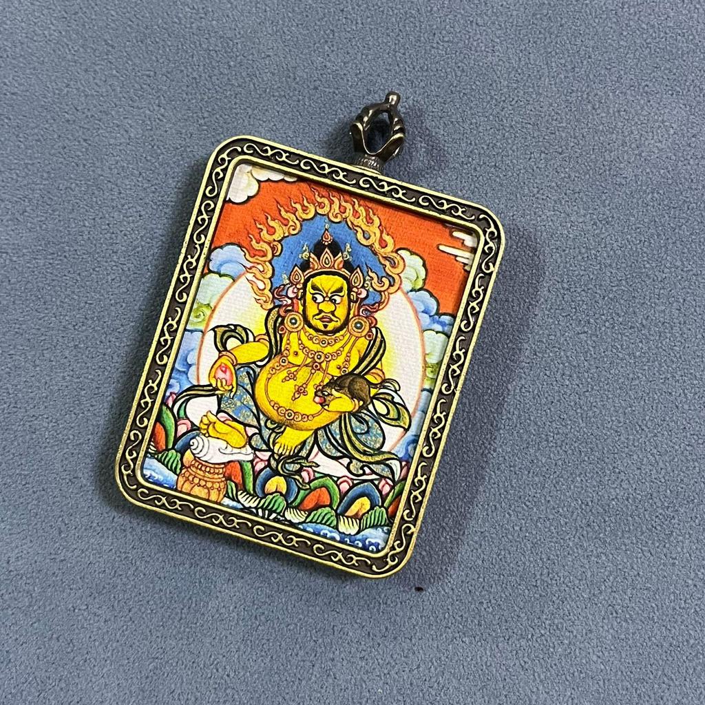 Yellow Jambhala Hand-Painted Thangka Pendant - Artistic Wealth-Attracting Souvenir