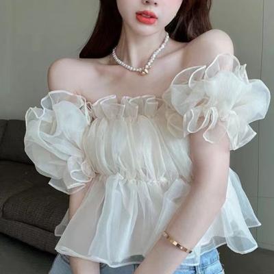 Summer Off Shoulder See Through Chiffon Blouses Woman Fashion Korean Sweet Shirts Sexy Ruffles Short Sleeve Blouse 26559