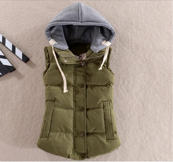 Dames Herfst en Winter Kort Warm Vest met Capuchon Plus Size Opstaande Kraag Slim Zakjas