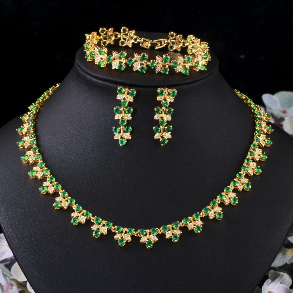 Bridal Flower Zircon Necklace Earrings Bracelet Three-Piece Jewelry Set Evening Dress Accessories