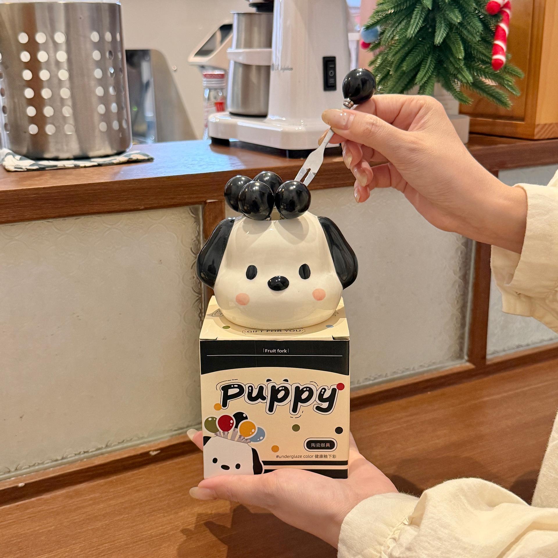 Cute Puppy Fruit Fork Set Household Stainless Steel Dessert Small Fork Storage Jar Living Room Fruit Tea Children s Fruit Stick