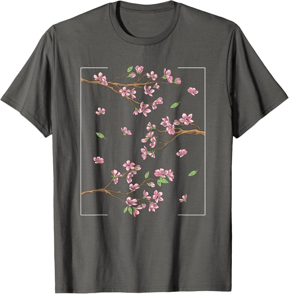 Cherry Blossom Sakura Tree Graphic Tee Japanese Style Casual Short Sleeve T-Shirt for Men Women