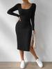 Independent Square Neck Long Sleeve Hem Slit Slimming Dress - Women's Slim Fit Fashion Temperament