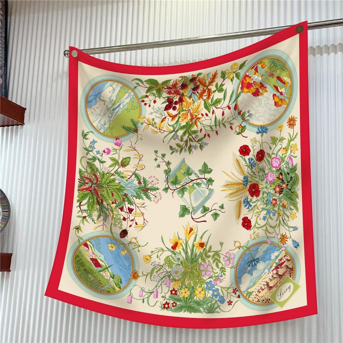 

90cm Autumn High-quality Twill Silk Floral Scarfs Ladies Sun Protection Square Shawl and Scarf 90x90cm