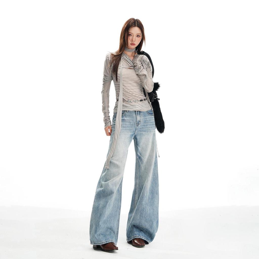 Women's Retro Washed Low Waist Wide Leg Jeans - Autumn Winter Collection