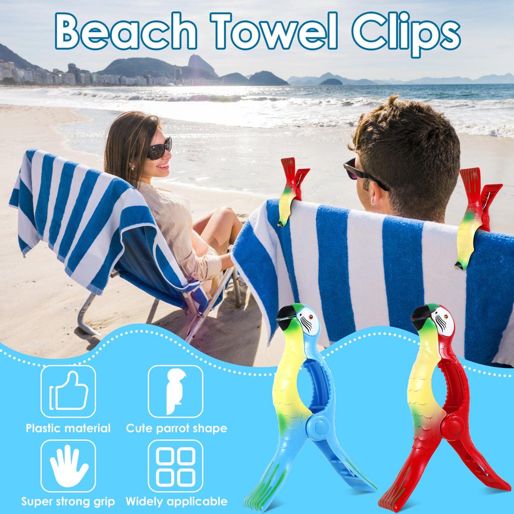 4Pcs Plastic Beach Towels Clips Cute Parrot Chair Towel Clamps Large Drying Racks Retaining Clip for Beach Chair Towel Blankets