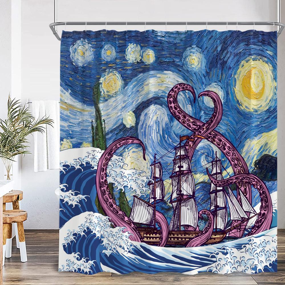 Octopus Nautical Shower Curtain Ocean Animal Wave Marine Life Map Vintage Bathroom Decor Sea Kid Child Bath Curtain With Hook
