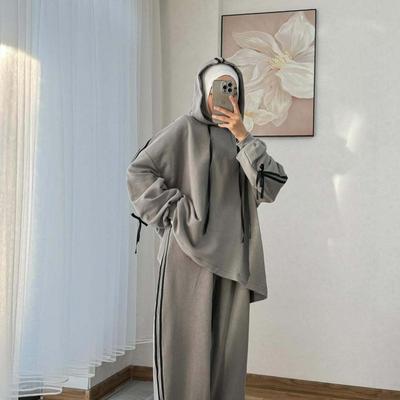 Women's Two Piece Outfit Hooded Sweatshirt Wide Leg Pants Set Casual Loose Tracksuit Muslim Modest Wear