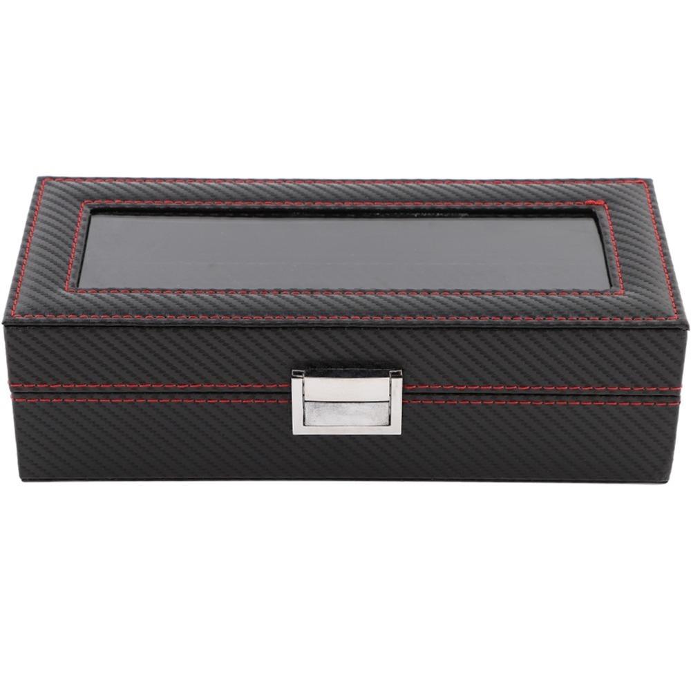 

Durable Carbon Fiber Watch Box 5-Slot Red Stitching Storage Box Twill Clear Window Watch Case Storage