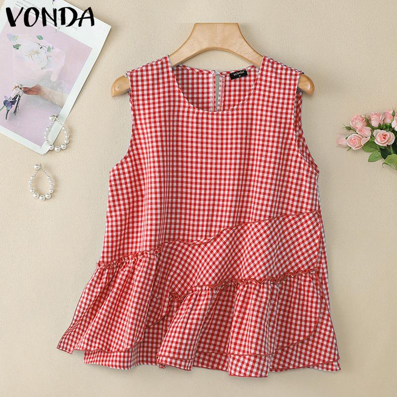 VONDA Sommer Damen Ärmellos Unregelmäßiger Rüschensaum Karomuster Lässige Tanktops